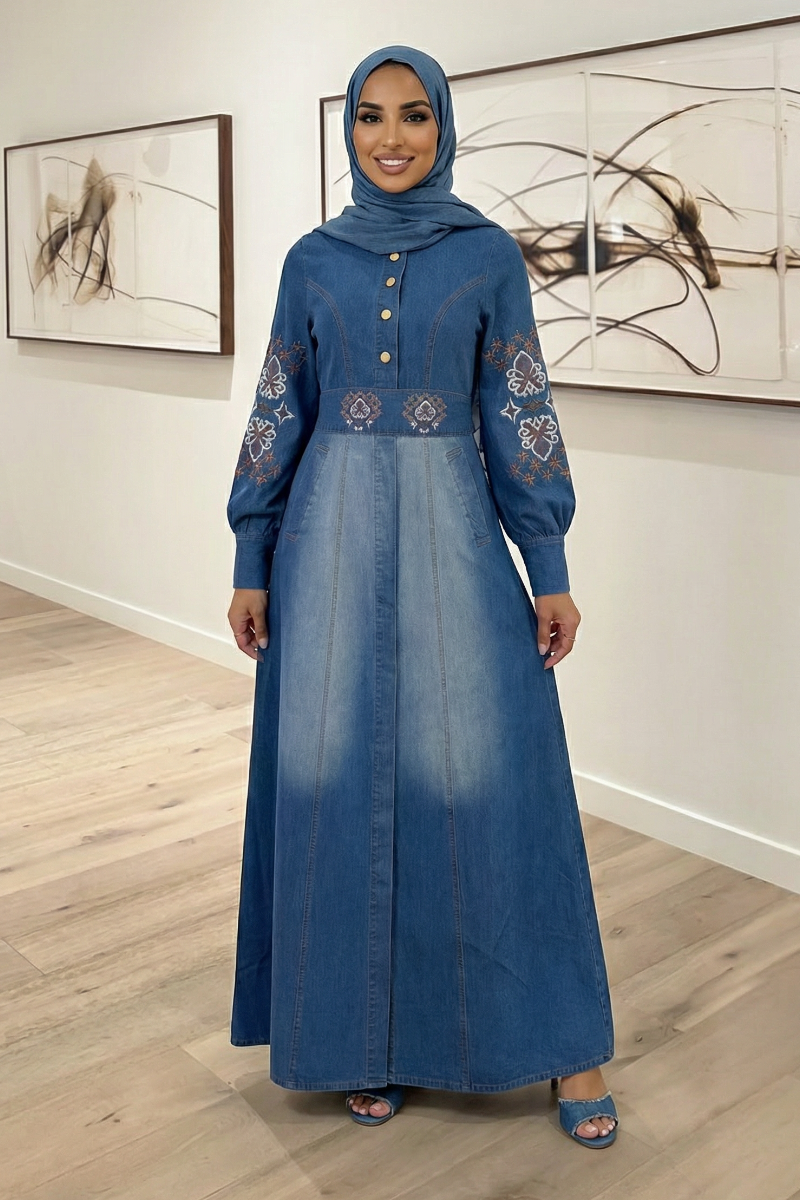 Indigo Breeze - Embroidered Denim Maxi Shirt Dress