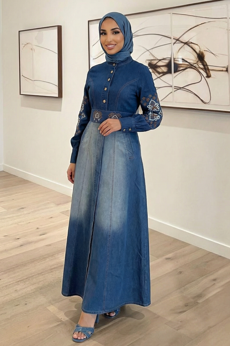 Indigo Breeze - Embroidered Denim Maxi Shirt Dress