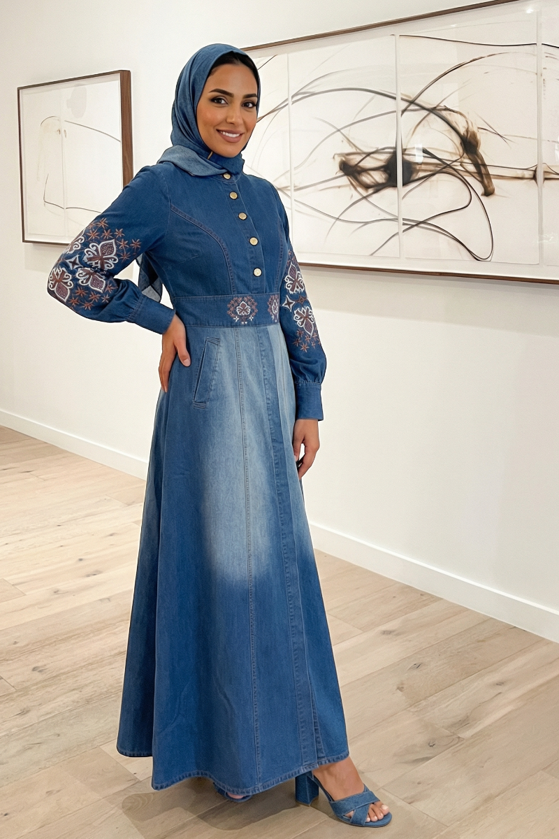 Indigo Breeze - Embroidered Denim Maxi Shirt Dress