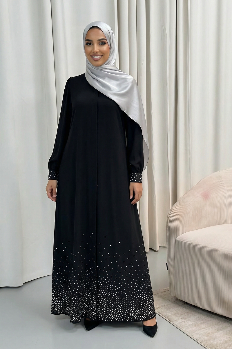 Studded Long Sleeve Black Abaya Dress - Midnight Majesty