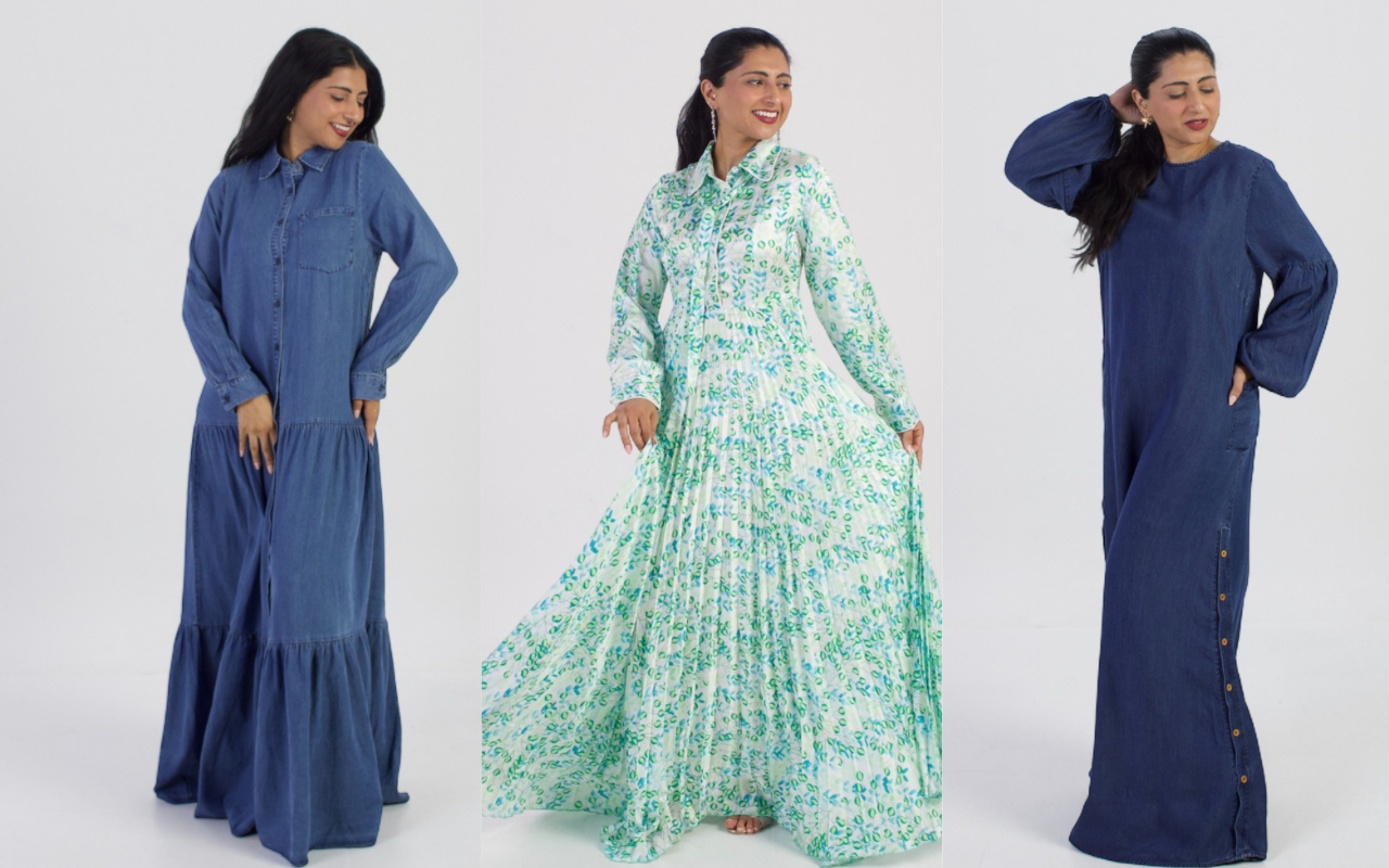 Three women wearing different long dresses on a white background