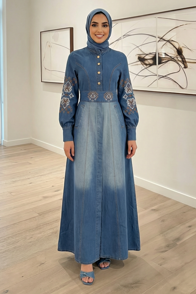 Indigo Breeze - Embroidered Denim Maxi Shirt Dress