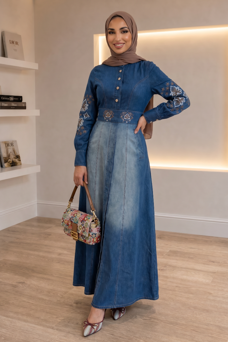 Indigo Breeze - Embroidered Denim Maxi Shirt Dress