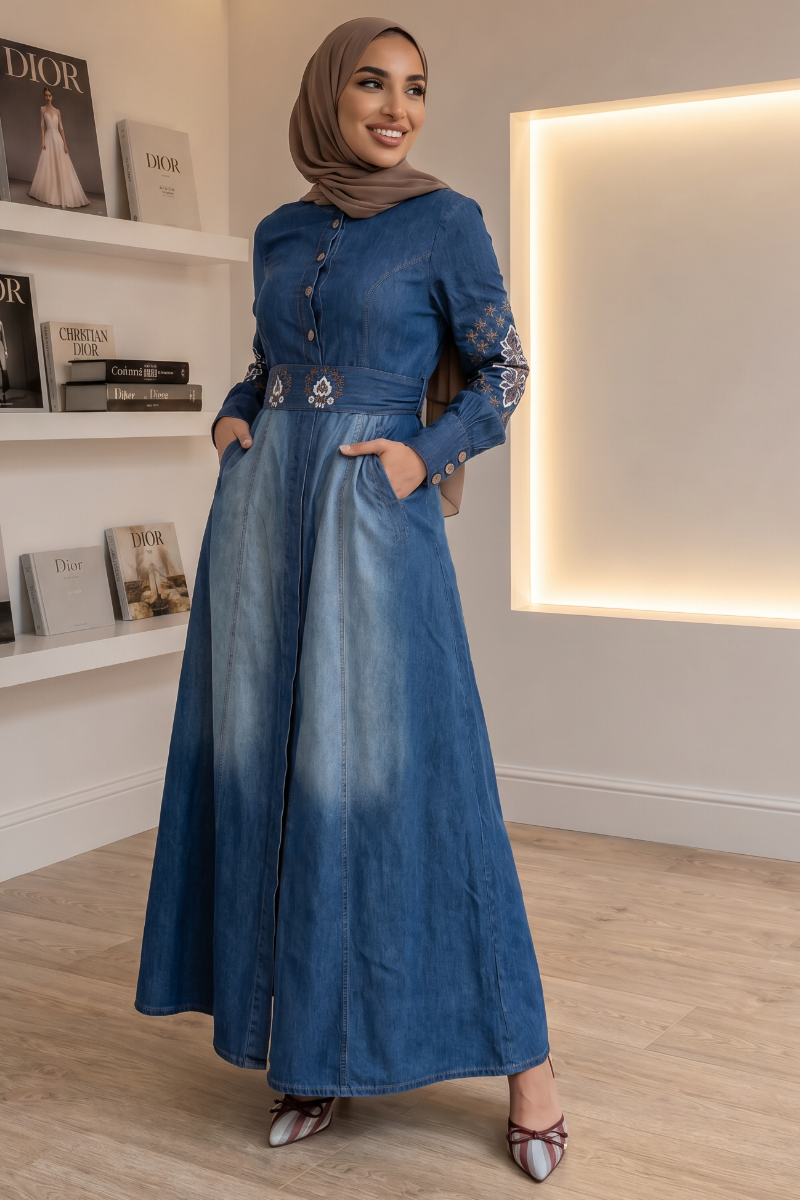 Indigo Breeze - Embroidered Denim Maxi Shirt Dress