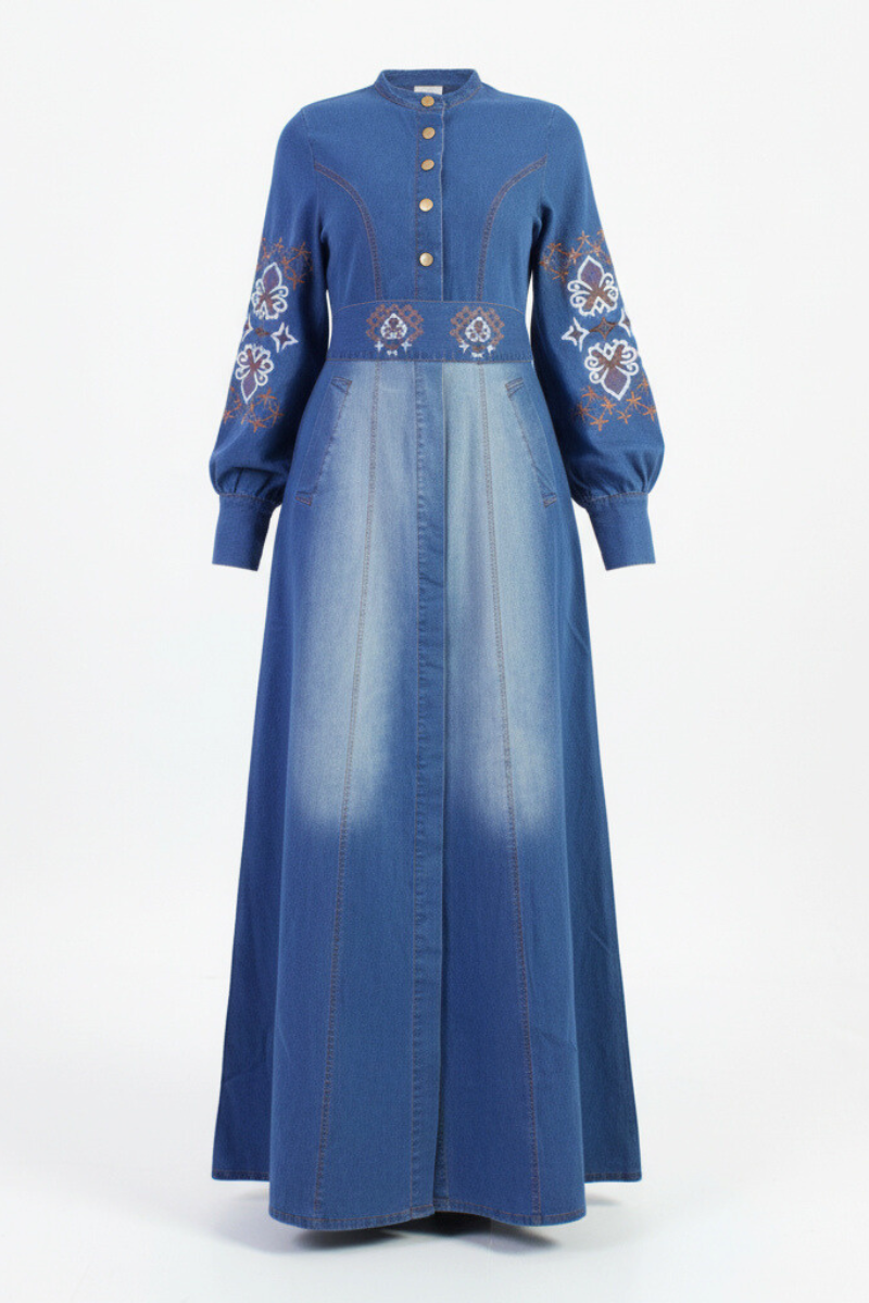 Indigo Breeze - Embroidered Denim Maxi Shirt Dress
