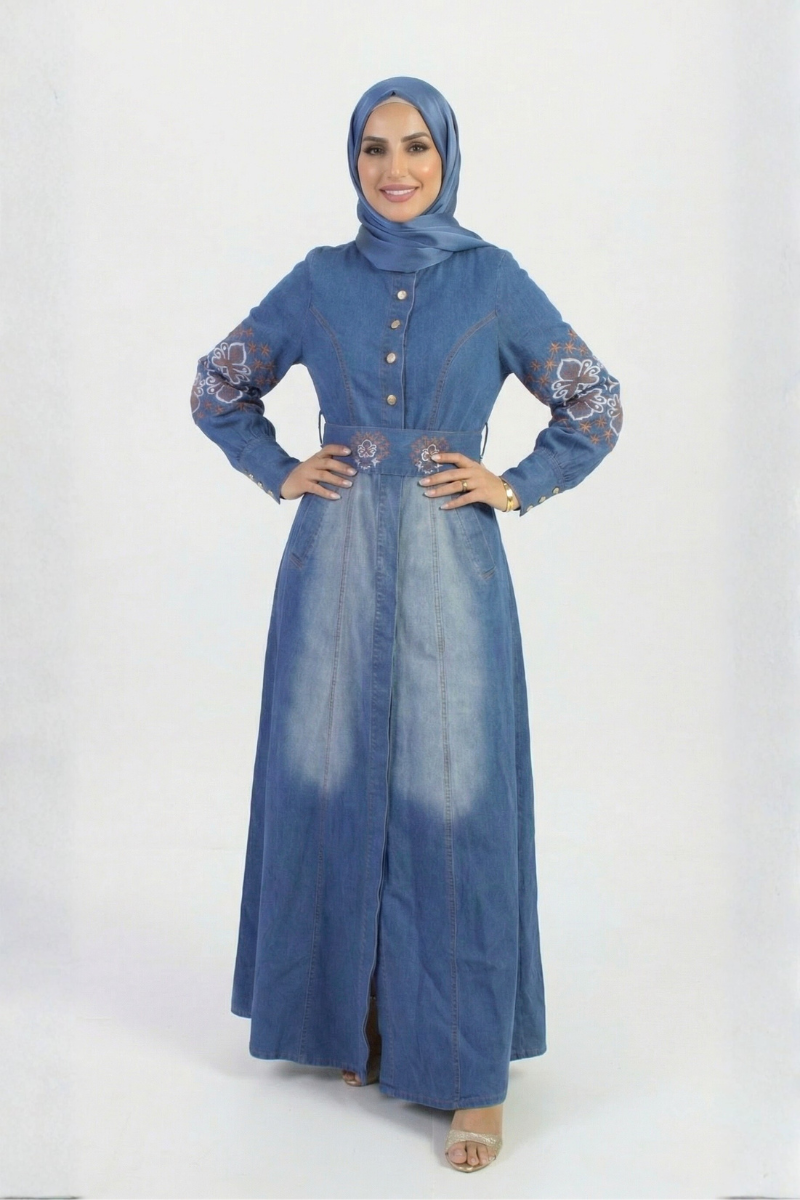 Indigo Breeze - Embroidered Denim Maxi Shirt Dress