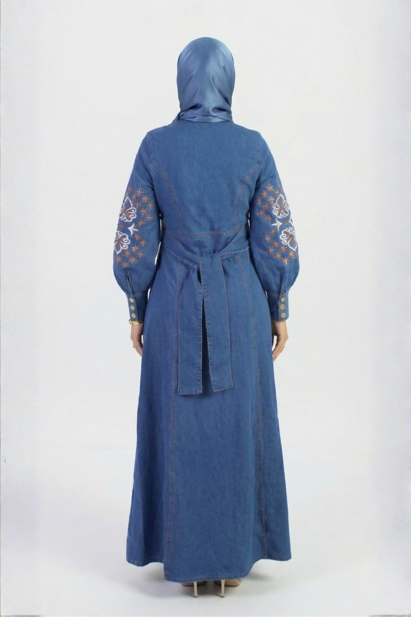 Indigo Breeze - Embroidered Denim Maxi Shirt Dress