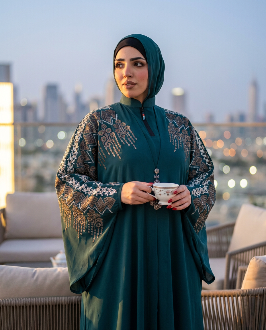 Woman on a rooftop wearing the deep teal Ruqayya Abaya with detailed gold sleeve embroidery and front zip, holding a teacup.